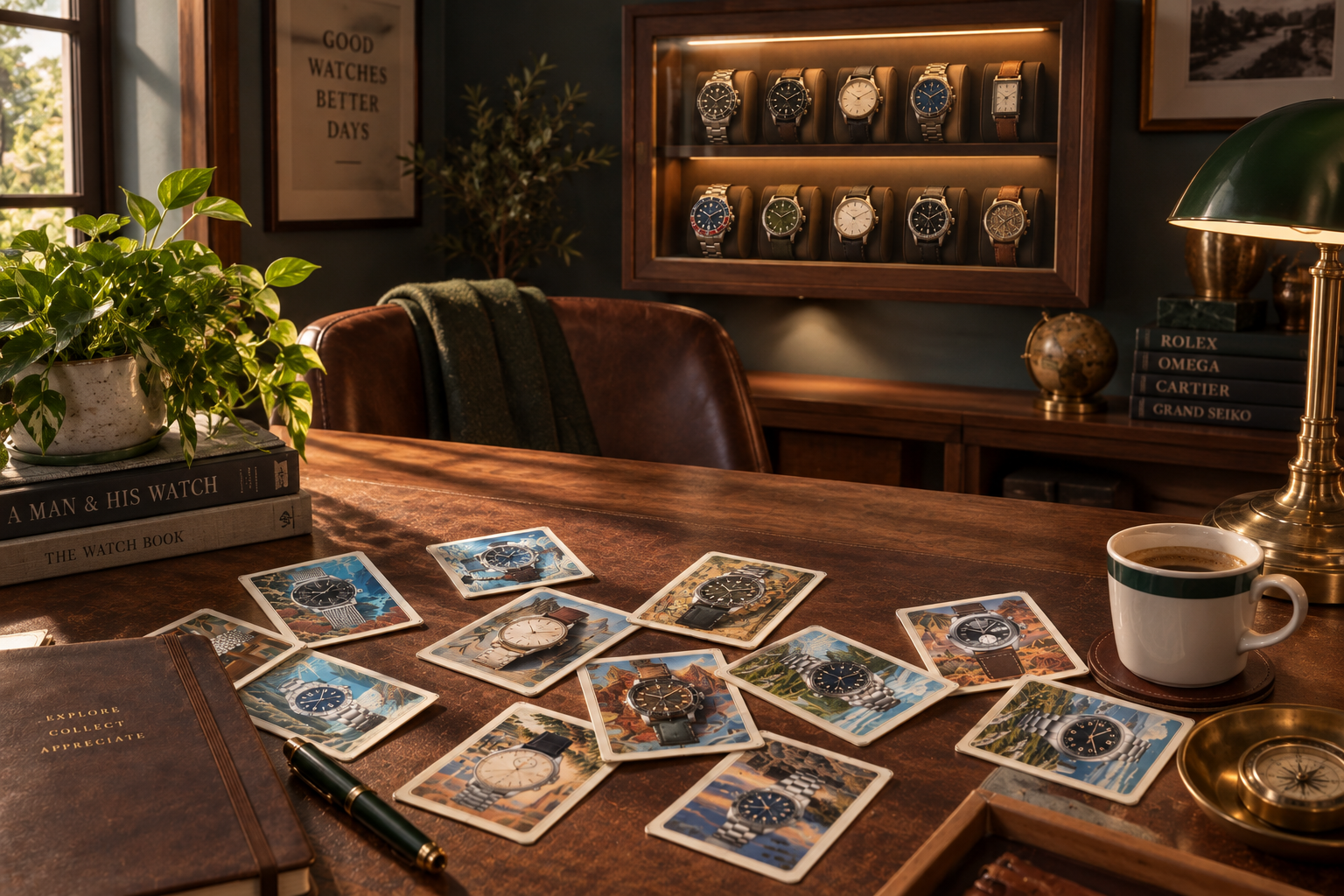 A warm study desk with scattered illustrated watch cards, an open watch box, watch books, a notebook and coffee cup, with a wall display case of watches in the background